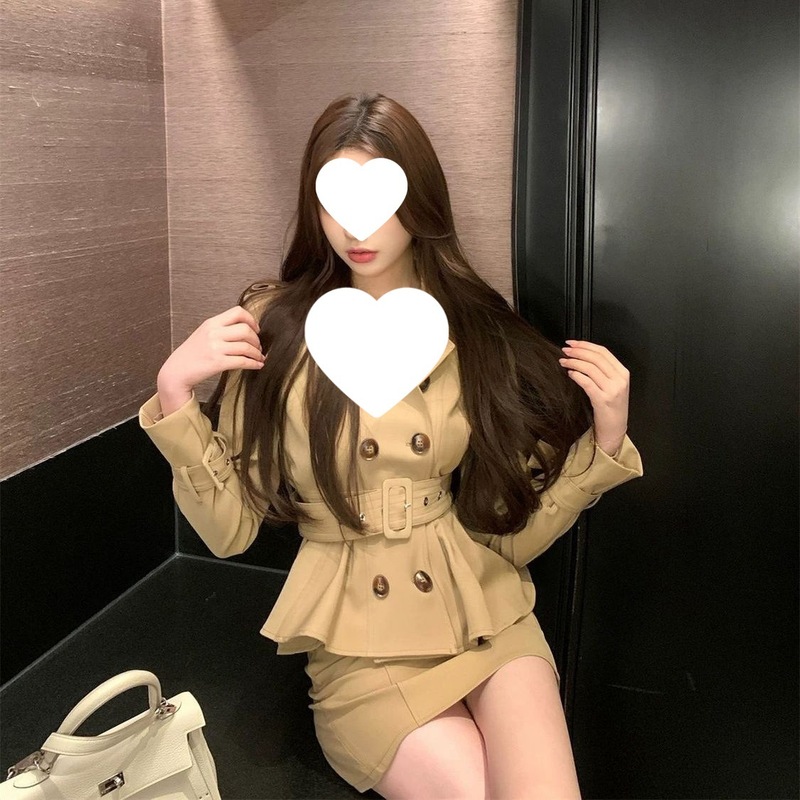 迷雾柏林 卡其双排扣外套女春秋+裙裤两件套秋季收腰气质裙套装|undefined
