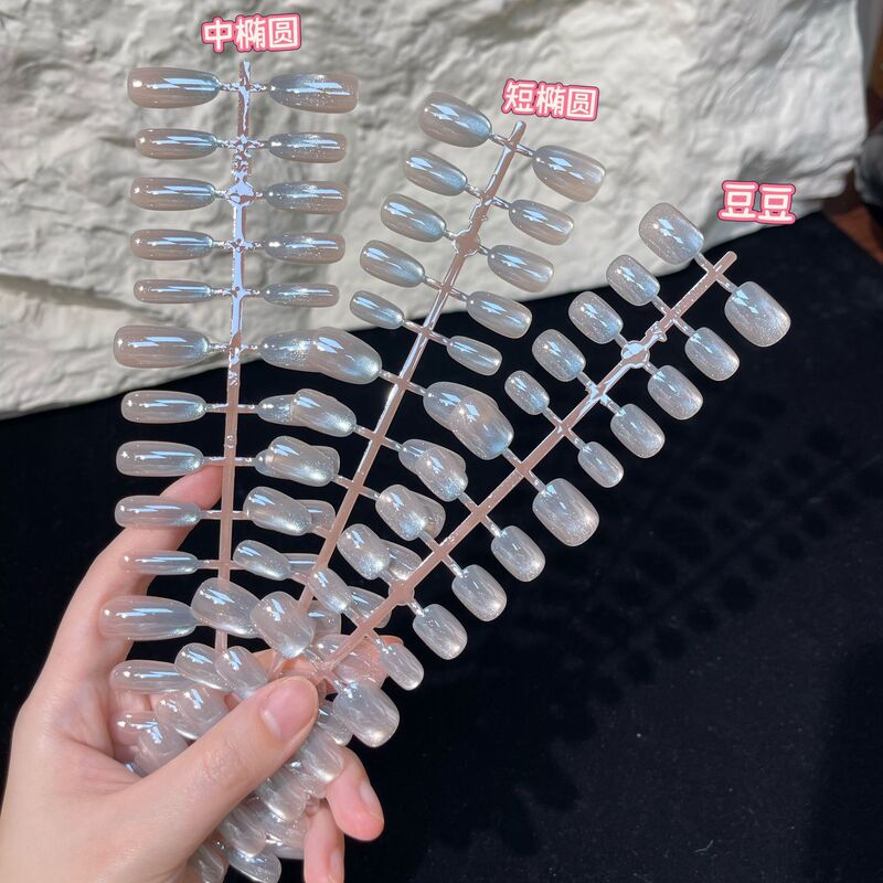 Electroplated Light Blue Gradient Cat-Eye Almond Design High-End Wearable Nail Art Stickers Cross-Border Fake Nail Pieces Wearable Nails