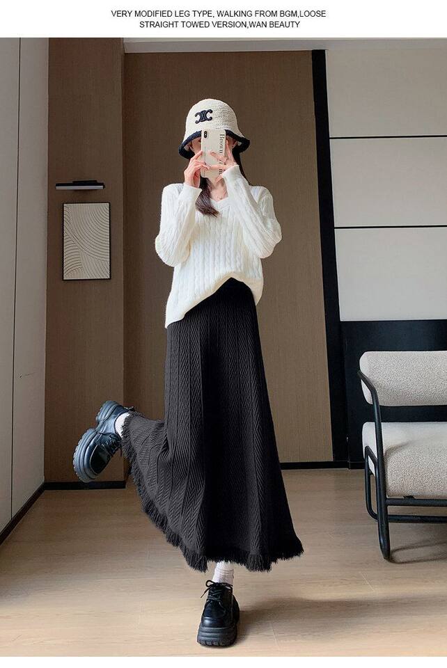 Chân váy dệt kim dày nữ dáng chữ A cạp cao xếp ly tua rua dáng dài — màu kaki, màu mơ, xám đậm, đen chi tiết 27