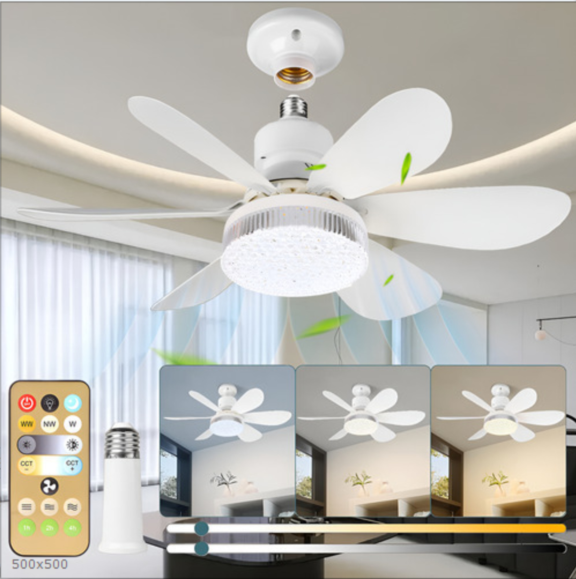 New Cross-Border Led Ceiling Fan Light E27 Screw with Remote Control Home Bedroom Restaurant 6-Blade Flower-Shaped Crystal Fan Light