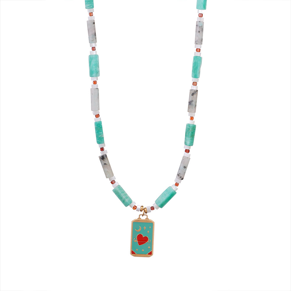 Geometric, Sun, Heart Shape Pattern Natural Stone Titanium Steel Beaded Chain Enamel Geometric Sun Heart Shape Pendant Necklace