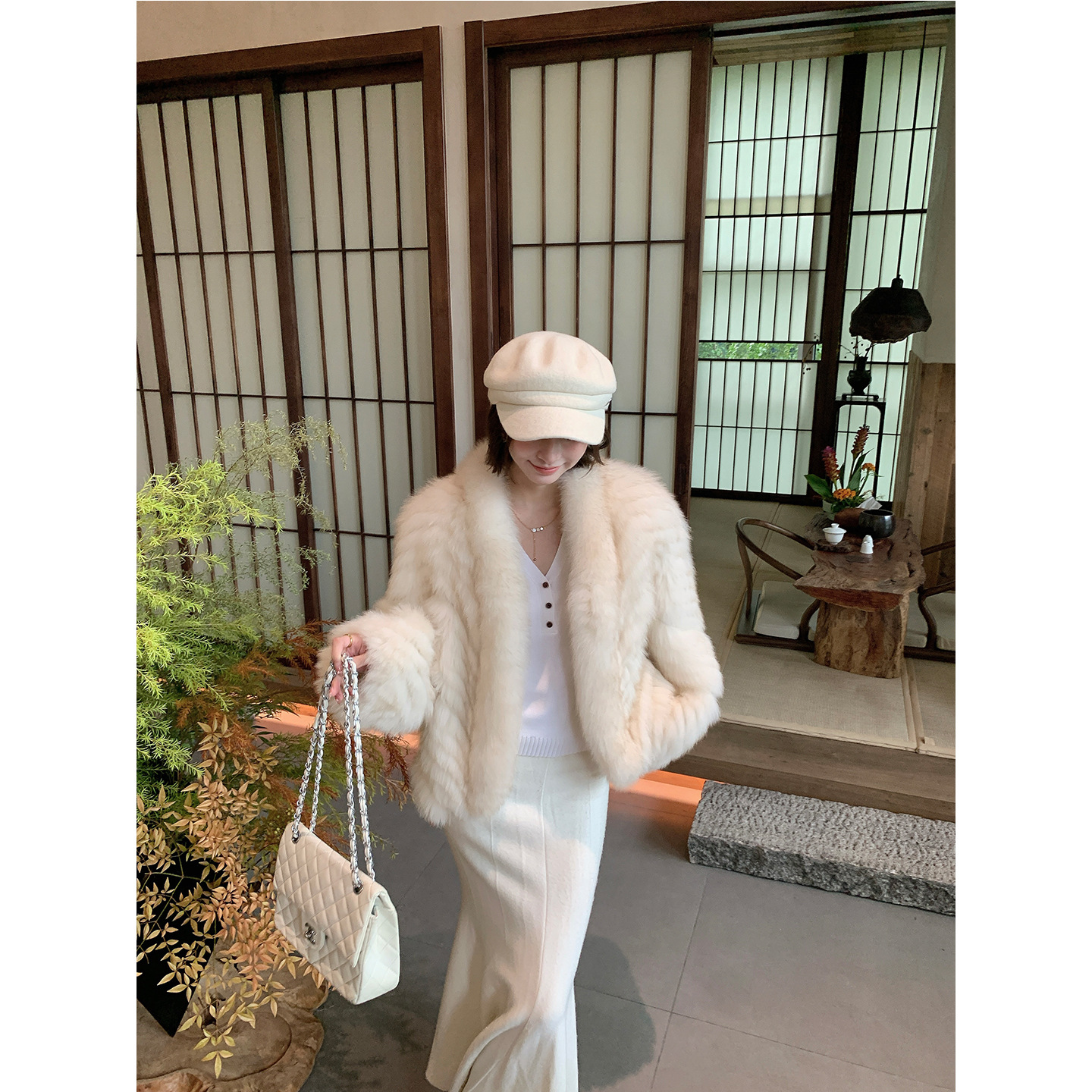 白玉兰山 2025新款整皮狐狸毛车条皮草外套女 短款显瘦高级大衣冬