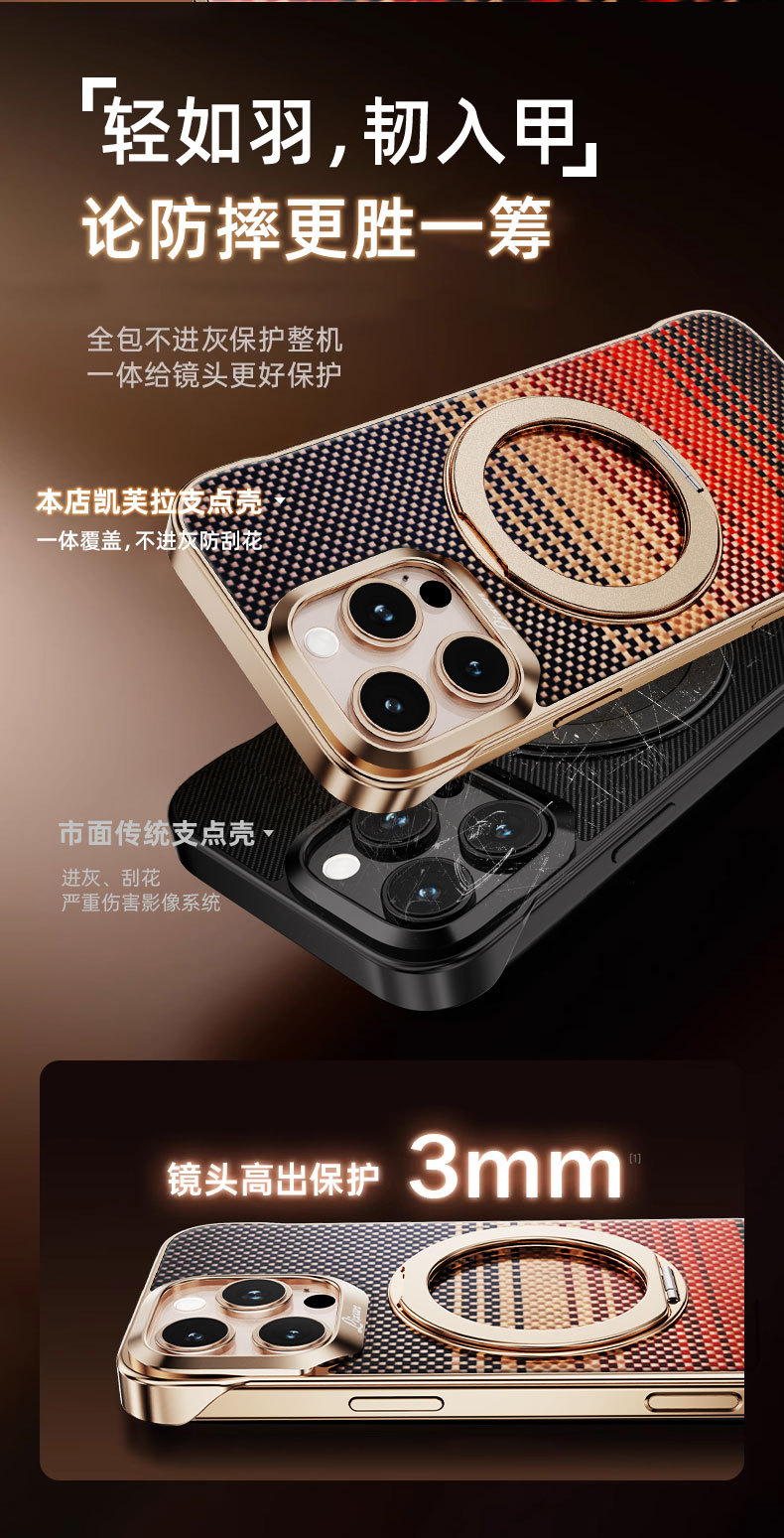 Ốp lưng iPhone 17 Pro Max sợi carbon có đế xoay nam châm chống rơi — [Chính hãng Kevlar] Hoàng hôn không khung 360 °, [Chính hãng Kevlar] 360 ° không có vỏ khung cạnh, [Chính hãng Kevlar] 360 ° không viền vỏ vàng đen, [Chính hãng Kevlar] 360 ° không viền vỏ đen xám chi tiết 6