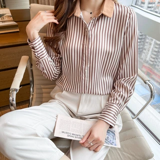 秋季新款百搭条纹衬衣实拍设计感衬衫复古长袖宽松条纹个性女式衫