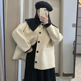2023韩系东大门短款双面羊绒大衣女春娃娃领小个子羊毛呢外套外穿