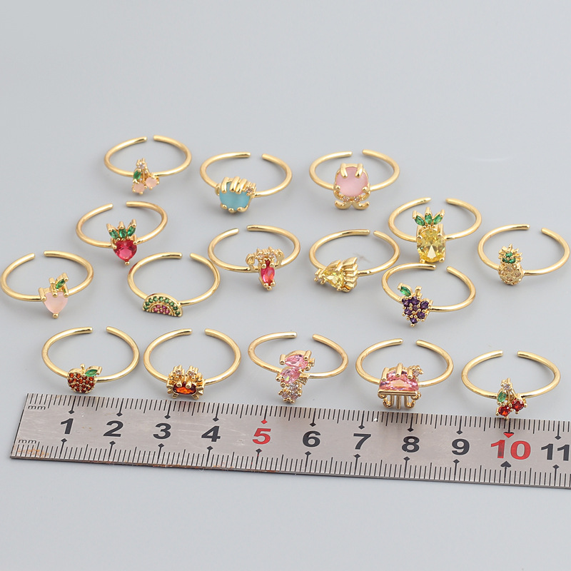 Cute Animal Fruit Copper Open Ring Inlay Zircon Copper Rings