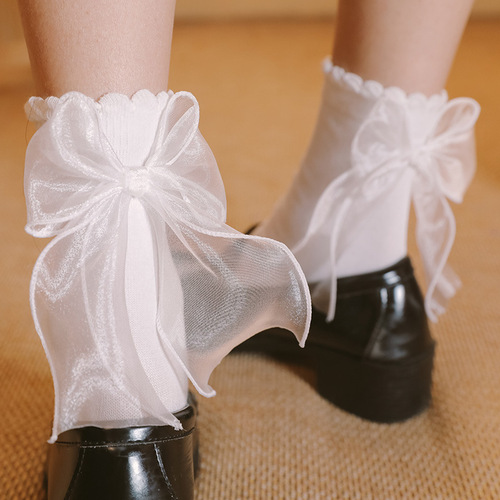 White socks female Lolita cute soft girl satin lace mid-calf long socks Lolita uniform JK bow