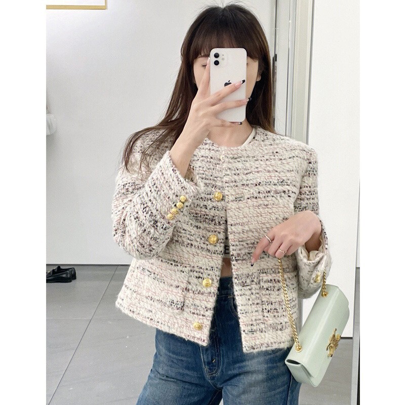 French-Style Elegant Tweed Jacket for Women, Spring and Autumn, Unique Design, High-End Versatile Round-Neck Tweed Coat