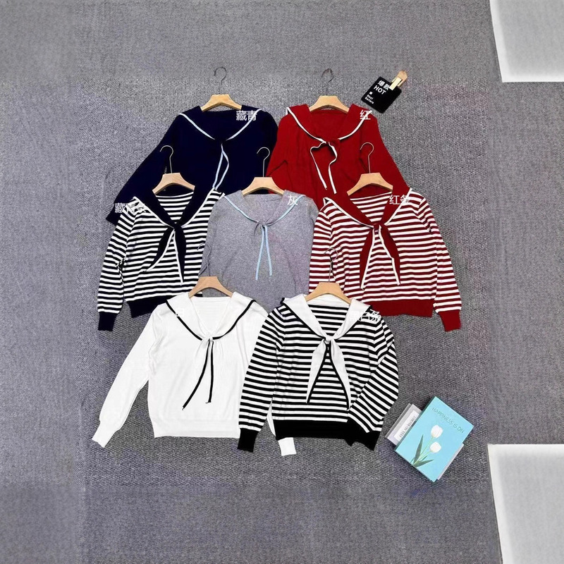 Korean Style Contrasting Navy Collar Stripesd Knitwear for Women in Autum, Fashionable and Age-Reducing Slimming Look Bottoming Shirt Top