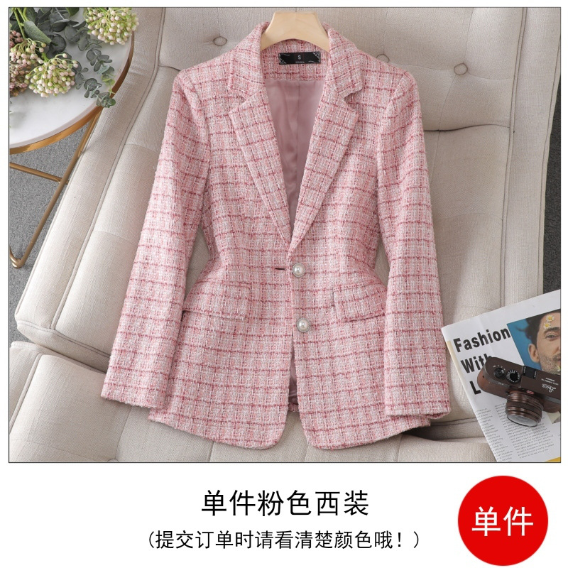 Chaqueta de Traje a Cuadros de Tweed para Mujer Lana Sin Planchado para Otoño e Invierno