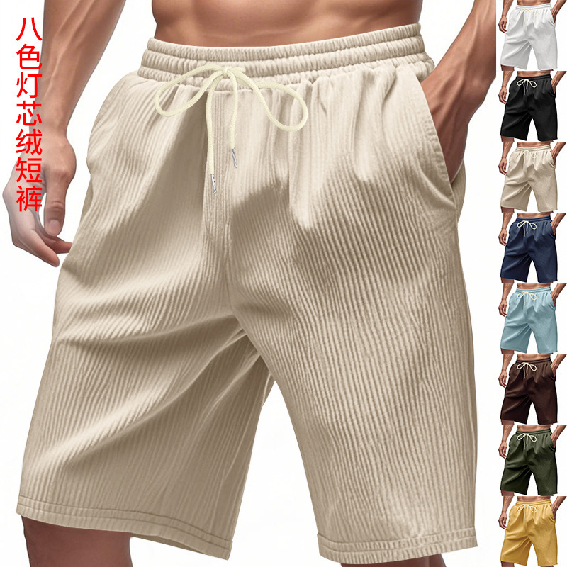 Cross-Border Amazon 2025 Summer Casual Men's Shorts Heavy Corduroy Solid Color Straight American Style Five-Point Shorts for Men