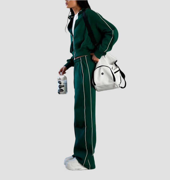 Cross-Border Casual Fashion European And American Style Women's Zipper Cardigan Jacket Sports Drawstring Pants_ecoleips.com