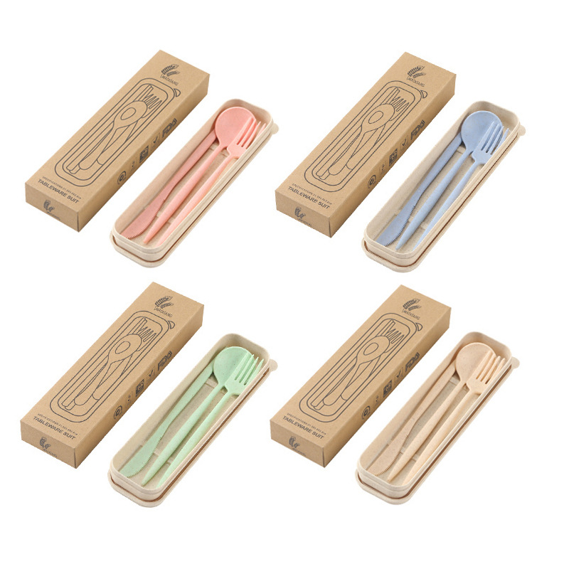 Wheat Straw Tableware Set of Three, Foldable and Portable Cutlery Set, Knife, Fork, Spoon, Chopsticks Gift Set with Logo Printing Available