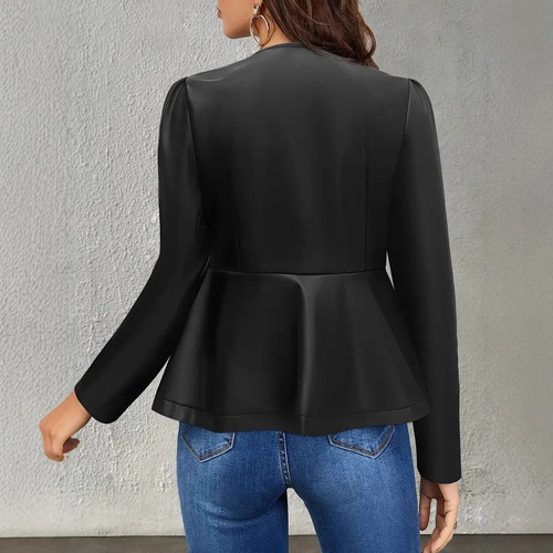Autumn and winter women's fashionable versatile jacket plus velvet commuting waist short leather PU suit jacket