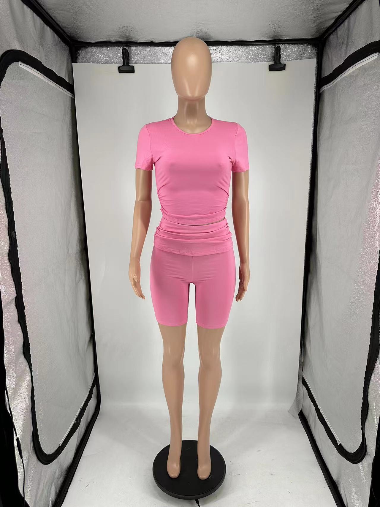 Women's Casual Short Sleeve Top + Roll-Up Shorts Set – Trendy Two-Piece Outfit (Black/Light Gray/Blue/Pink, S-Xl)_ecoleips.com