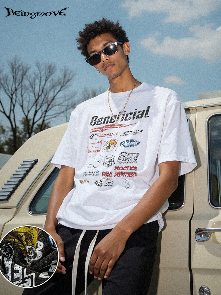 Verano Europa y Estados Unidos transfronterizos retro camisetas de algodón Tee viento neutro relajado deporte callejero hacer viejas camisetas de manga corta para hombres