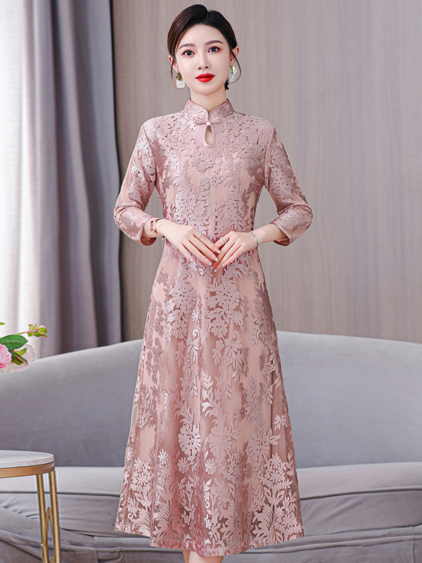 New Chinese-Style Pink Lace Wedding Dress for Mother-In-Law, New High-End Elegant Mother-In-Law Wedding Banquet Cheongsam