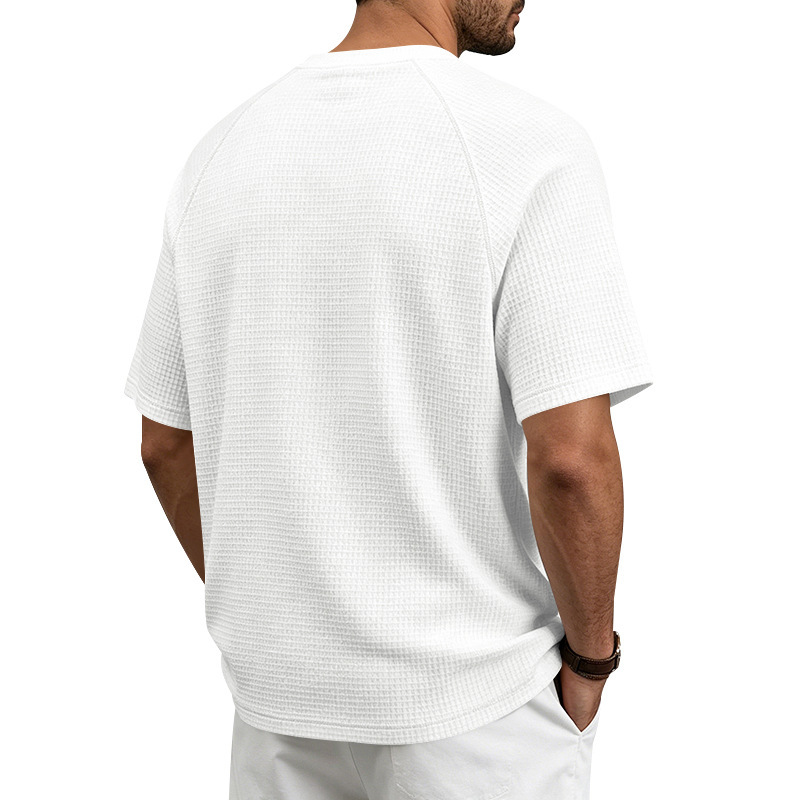 Men's Waffle Knit Short Sleeve T-Shirt, Breathable Textured Cotton-Like Fabric, Relaxed Fit Casual Tee For Summer_viptrois.com