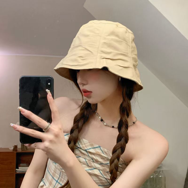韩系新款灯芯绒褶皱渔夫帽女秋复古百搭素颜遮脸盆帽卡其色水桶帽|undefined