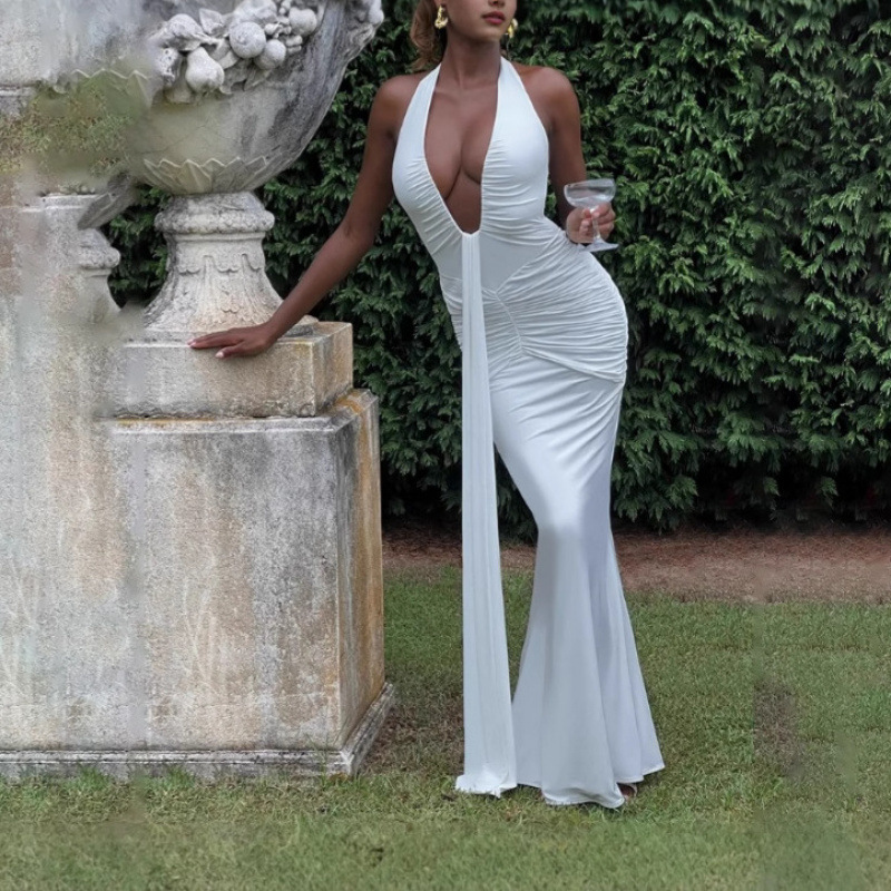 2026 New Cross-Border Style Solid Color Elegant Halter Neck Deep Waist Long Dress Sexy Backless Ribbon Mermaid Dress