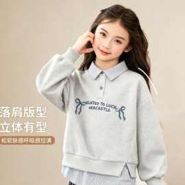 2026新款中大童韩版个性条纹POLO领假两件卫衣休闲百搭长袖上衣