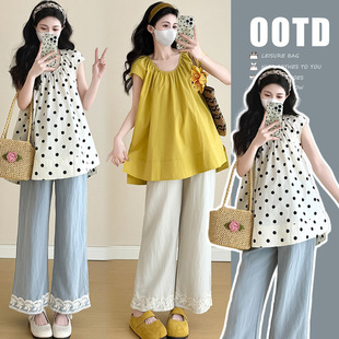 Real shot 2025 pregnant mother spring and summer French Korean casual Joker shirt + belly pants