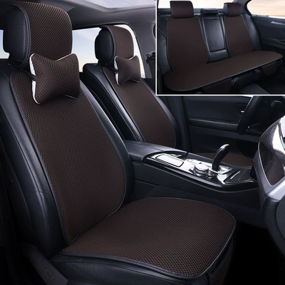 Universal Three-piece Set Fat Mat — Four Seasons Pad - nine-piece-set-for-the-whole-car-brown-2-headrests-linen-style