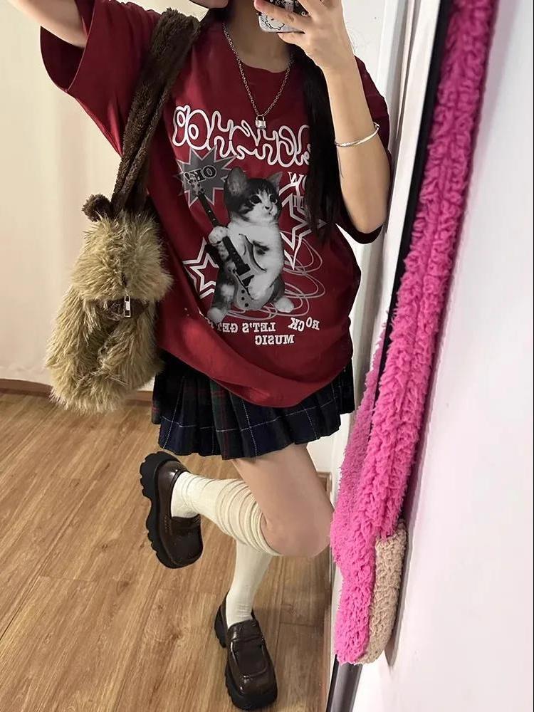 Pure Cotton Japanese Style Alphabet Wine Red Short Sleeve