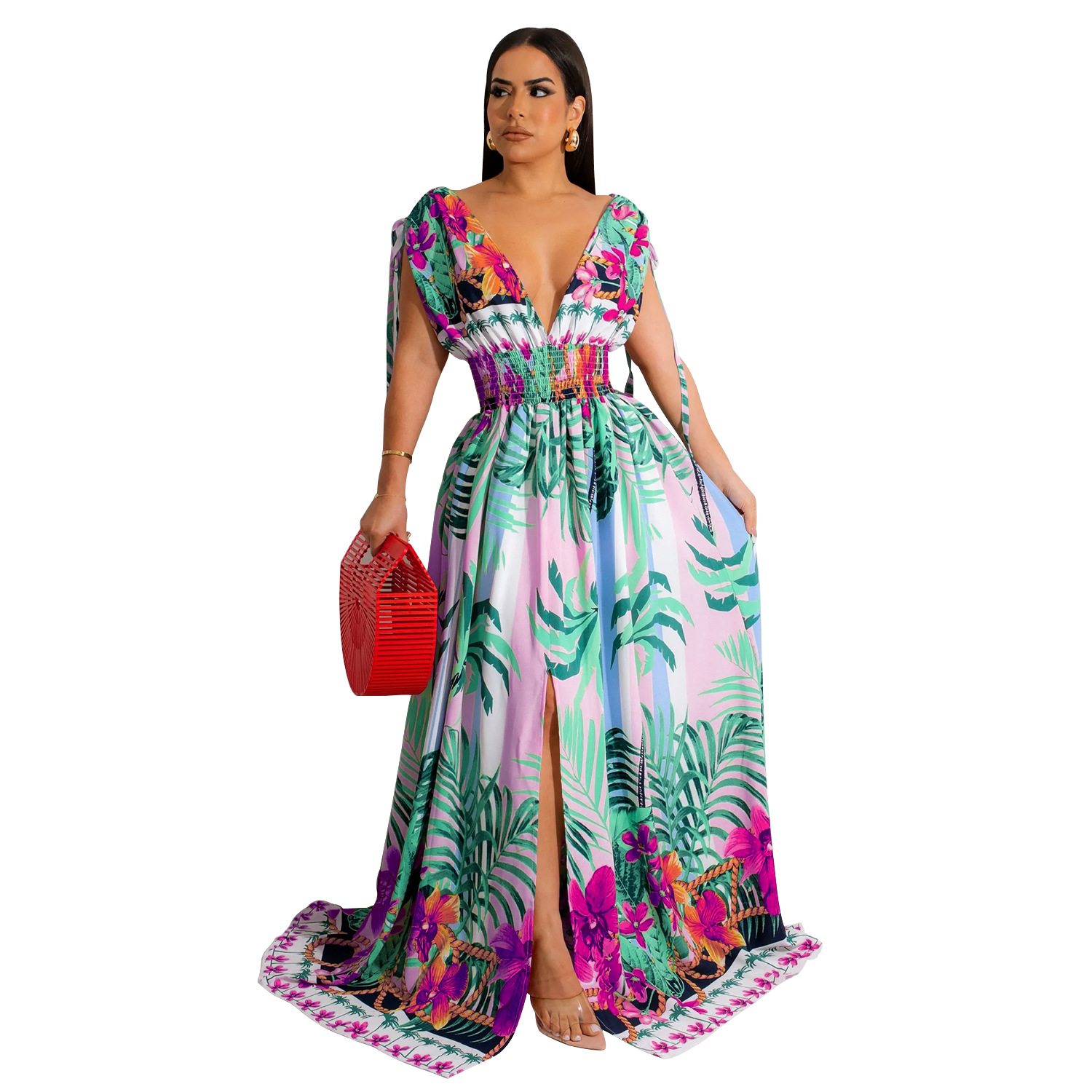 X6268 transfronterizo AliExpress Amazon europeo y americano de la moda de las mujeres pintado floral sin mangas en V vestido de las mujeres image 7