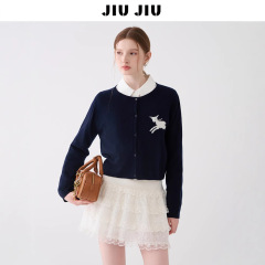 JIUJIU减龄小羊提花针织开衫女秋季2025新款设计感羊毛毛衣外套