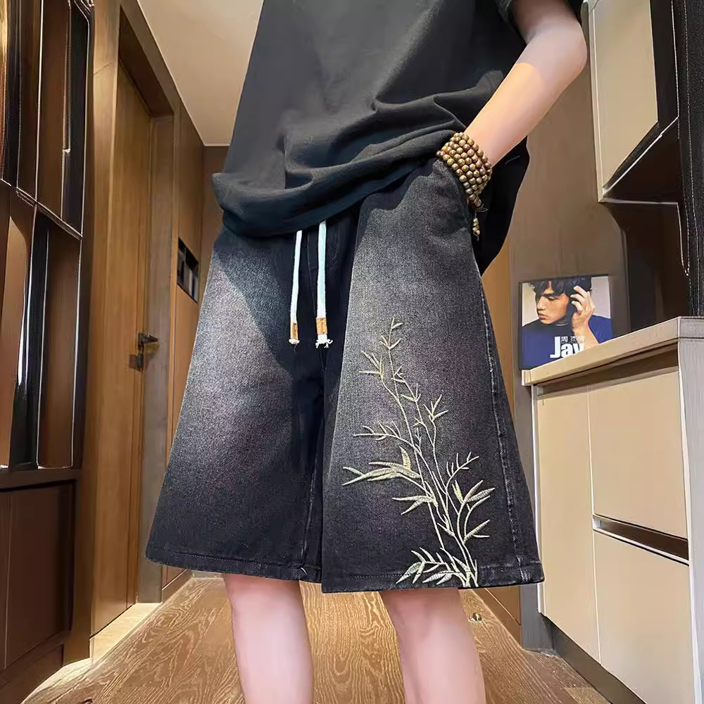 Washed Five-point Pants New Chinese-style Embroidered Denim Shorts Men's Summer Thin Loose Vintage Pants Trendy Brand Men's Pants