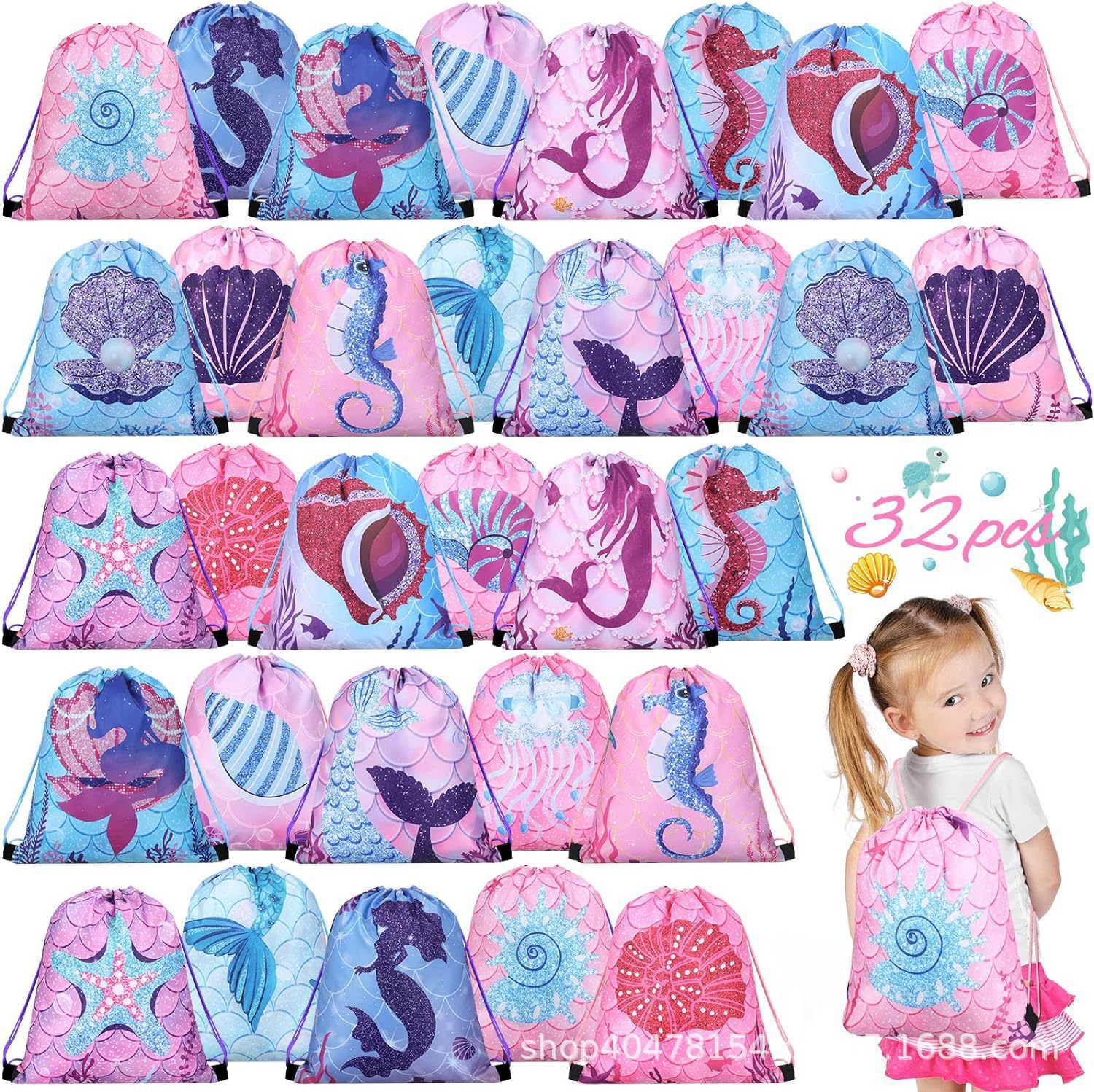 小美人鱼三双肩抽绳背包袋子便携收纳袋涤纶手提抽绳袋束口袋