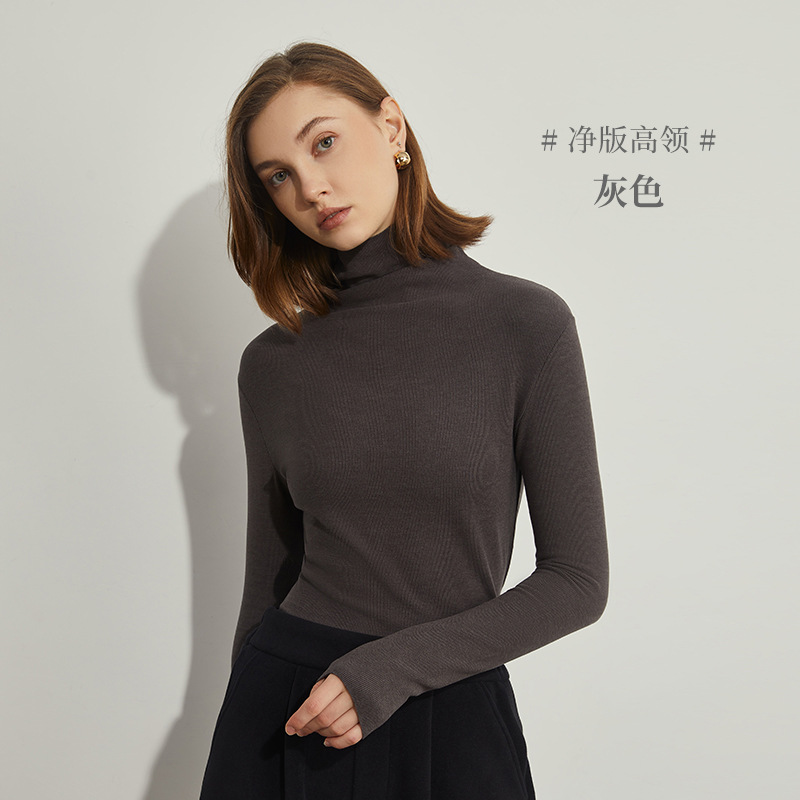 Camisa de fondo de terciopelo alemán otoño e invierno nuevo estilo ácido hialurónico belleza de la piel camisa de fondo de cuello alto sin costuras lijado tira vertical camiseta de manga larga mujer image 19