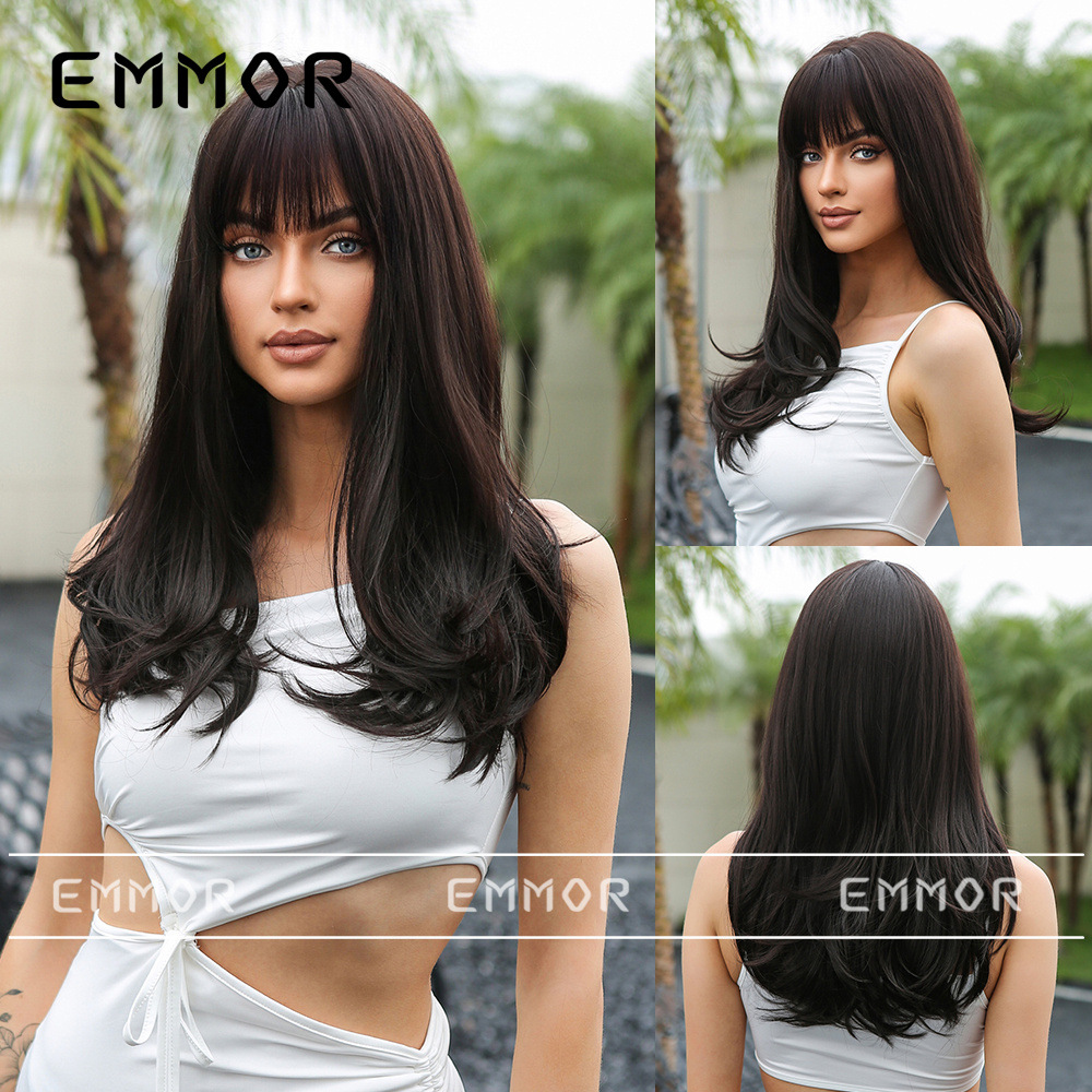 Dulce estilo fresco peluca europea y americana amazon estilo de venta caliente bangs rectos mediados de longitud negro de fibra química peluca larga cubierta de pelo rizado