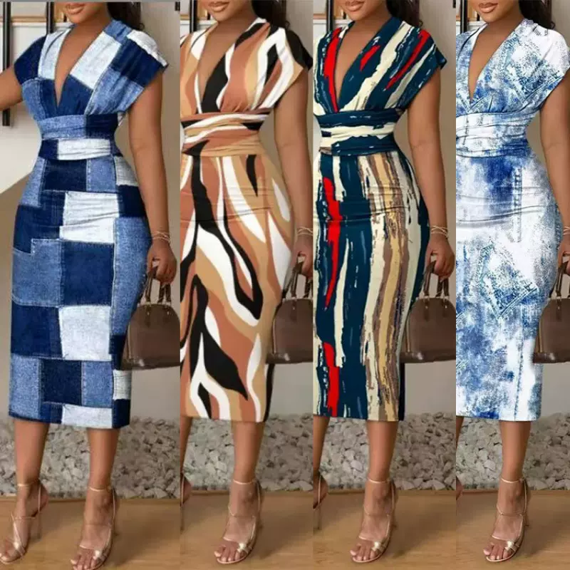 2025夏季新款跨境女亚马逊速卖通印花V领长裙高腰包臀修身连衣裙