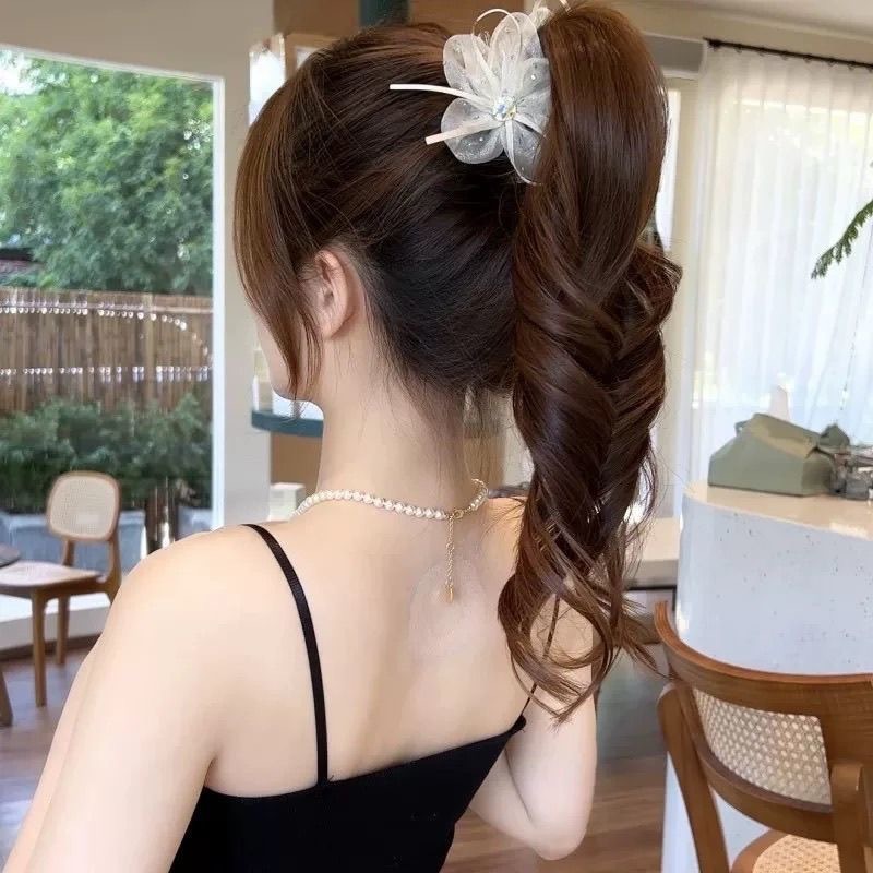 蝶結びメッシュリボンフラワーヘアピン、多用途シャーククリップ、スーパーフェアリーフラッシュダイヤモンドヘアピン、ポニーテールクリップ、女性用ヘアアクセサリー|undefined