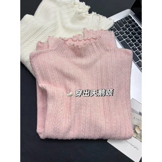 嫩粉色甜美小立领木耳边毛衣女秋冬半高领内搭长袖麦穗纹打底上衣