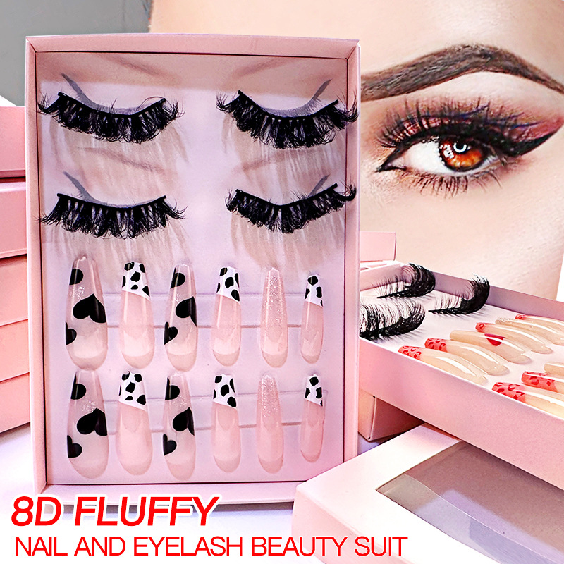 Cross-Border Hot Selling High Imitation Mink Hair False Eyelashes Manicure Wear Nail Combination Set Eyelash in Stock Wholesale