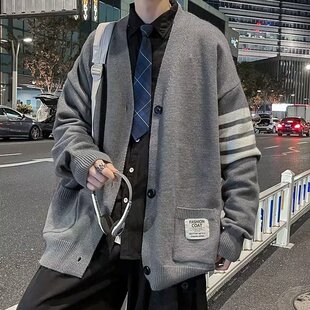 Cardigan Sweater Coat Men's Autumn New Fashion Brand Loose Knitted Sweater Hong Kong Style Stitching All-match Couple Sweater