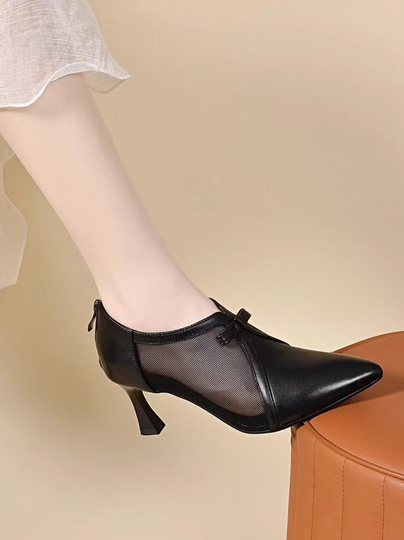 Giày cao gót nữ mũi nhọn lưới da thật gót vừa thoáng khí — đen chi tiết 3