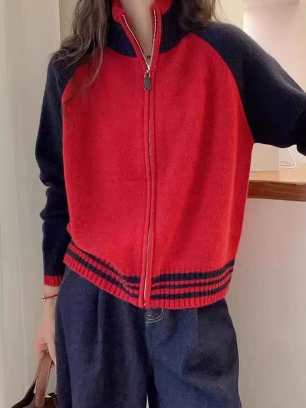 秋冬拼色软糯棒球服拉链针织开衫外套女新款慵懒气质时尚宽松开衫|undefined