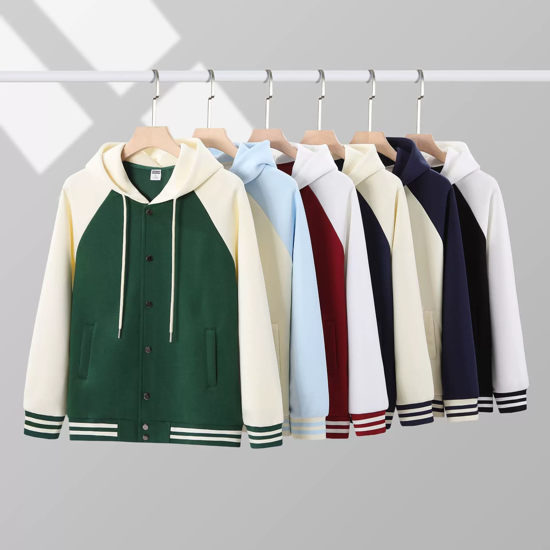320g宽松插肩连帽棒球服开衫卫衣学院风秋冬拼色印LOGO百搭撞色