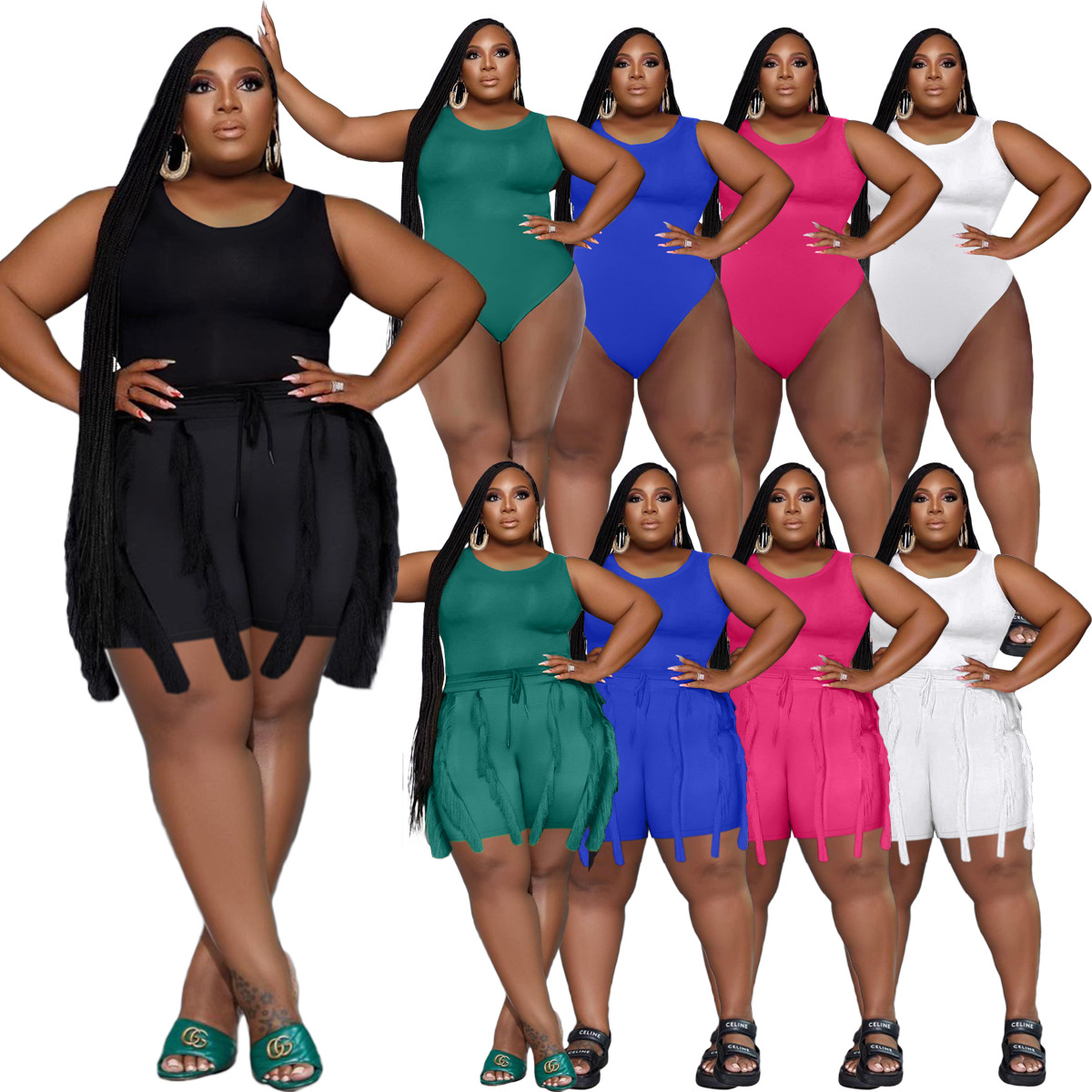 Women's Clothing Two-piece Set with Tassel Shorts, Sleeveless Casual Suit, Sports Large Size Two-piece Set_voghion.com