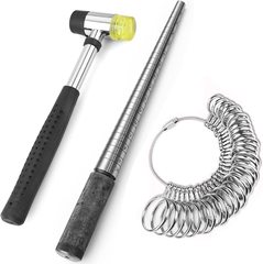 3pc戒指尺寸測量工具套裝鉻鋼實心戒指棒0-13美碼戒指圈雙面膠錘