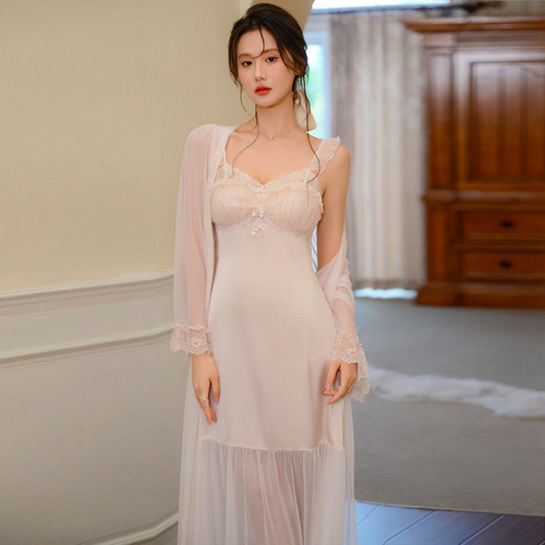 Suspender nightgown female sexy autumn 2024 new ice silk thin section high-end sense can be worn outside two-piece suit home clothes