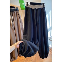 特大码300斤春秋小众撞色松紧腰休闲卫裤女胖mm宽松哈伦束脚长裤