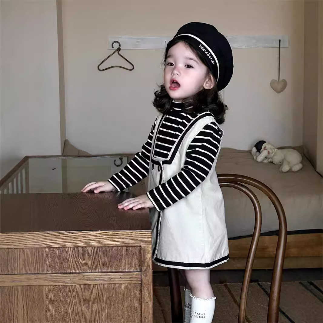 Set de otoño infantil coreano ropa infantil ropa de bebé camiseta de fondo a rayas de camisa de cordillera vestido set