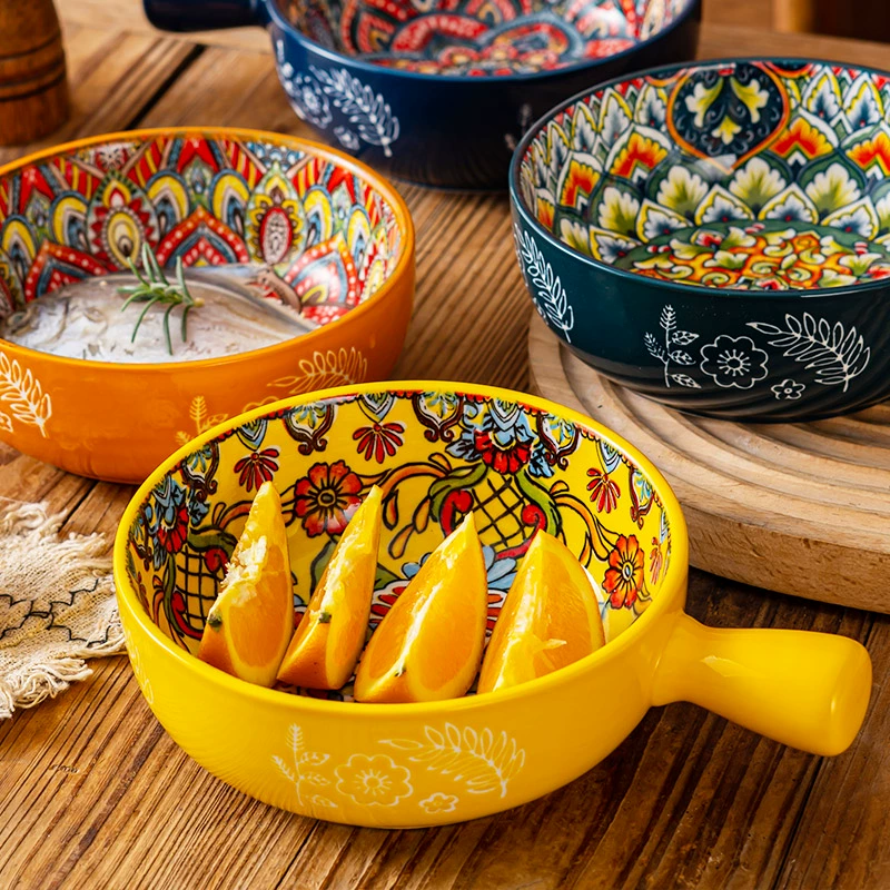 Богемная керамическая миска с ручкой, бытовая миска для фруктового салата с ручкой, миска для лапши быстрого приготовления, миска для запеченного риса, миска для выпечки в духовке