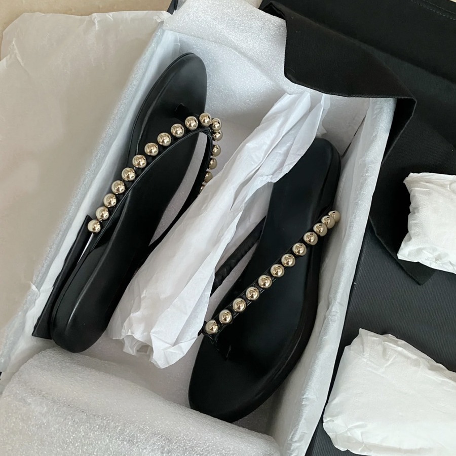 French Style Pearl Genuine Leather Flat Flip-Flops For Women, Outdoor Wear, Summer 2024 New Fashion Beach Toe-Post_vogvips.com