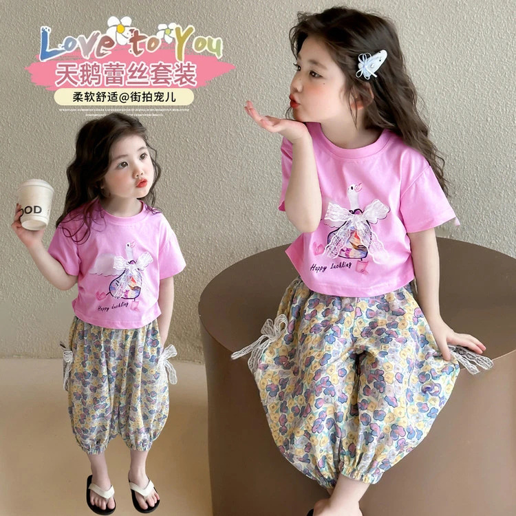 Girl's Printed Pullover Casual suit Summer Thin New Style Girl's Fashion Floral Short-sleeved Pants Two-piece Set